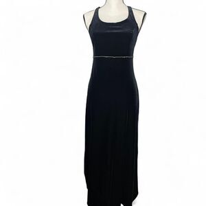 Vintage Y2K Black Velvet Maxi Gown Crystal Beaded Waist Cross Back Straps Size 8